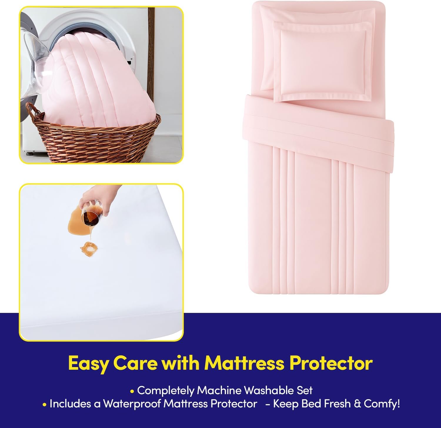 Dorm Room Essentials Twin XL Comforter Set β College-Ready Bundle with Comforter, Mattress Protector & Sheets with Pockets on the Side & Built-in Corner Strap β Media Pocket for Devices