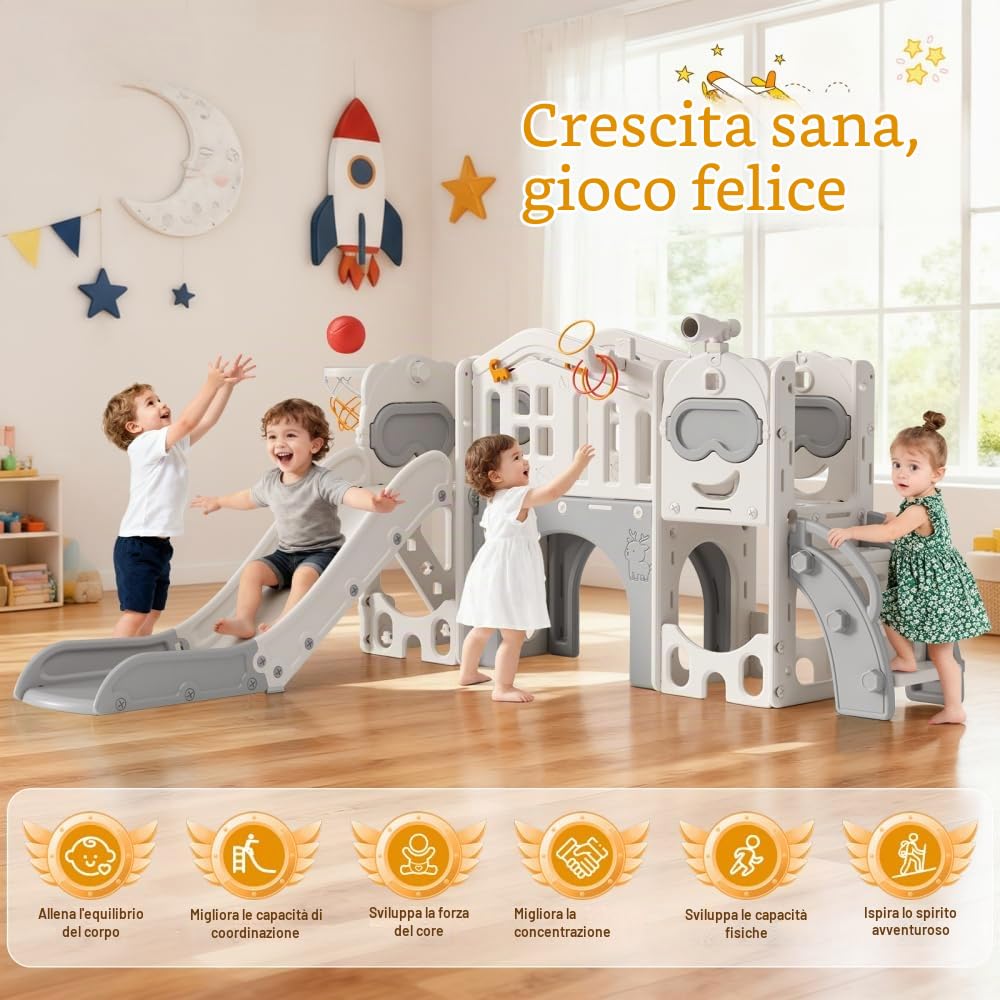 11 in 1 Scivolo per Bambini con Canestro da Basket,Palla e Telescopio Giocattolo, Set Giochi per Interni ed Esterni, per Bimbi Piccoli e in Età Prescolare