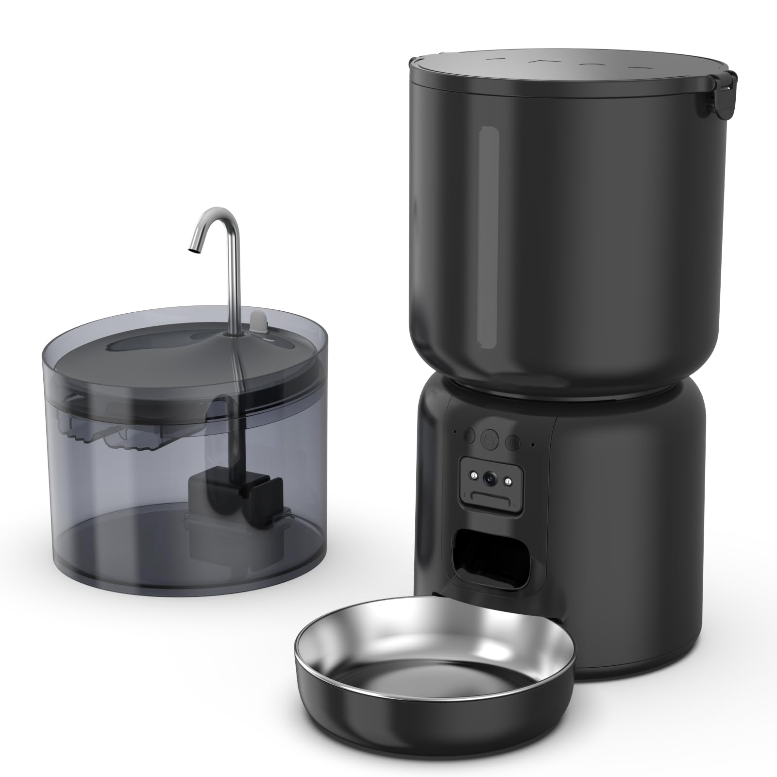 Automatic Cat Feeder and Waterer Set, 4L App Control Smart Cat Feeder with 2MP Camera, WiFi, Anti-Clog for Mix Food, 2.2L Filtered Pet Water Fountain with LED Light, Stainless Steel Bowl, Dual Power
