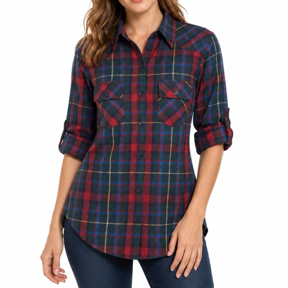 Chemise boutonnée à carreaux en flanelle pour femme à manches longues