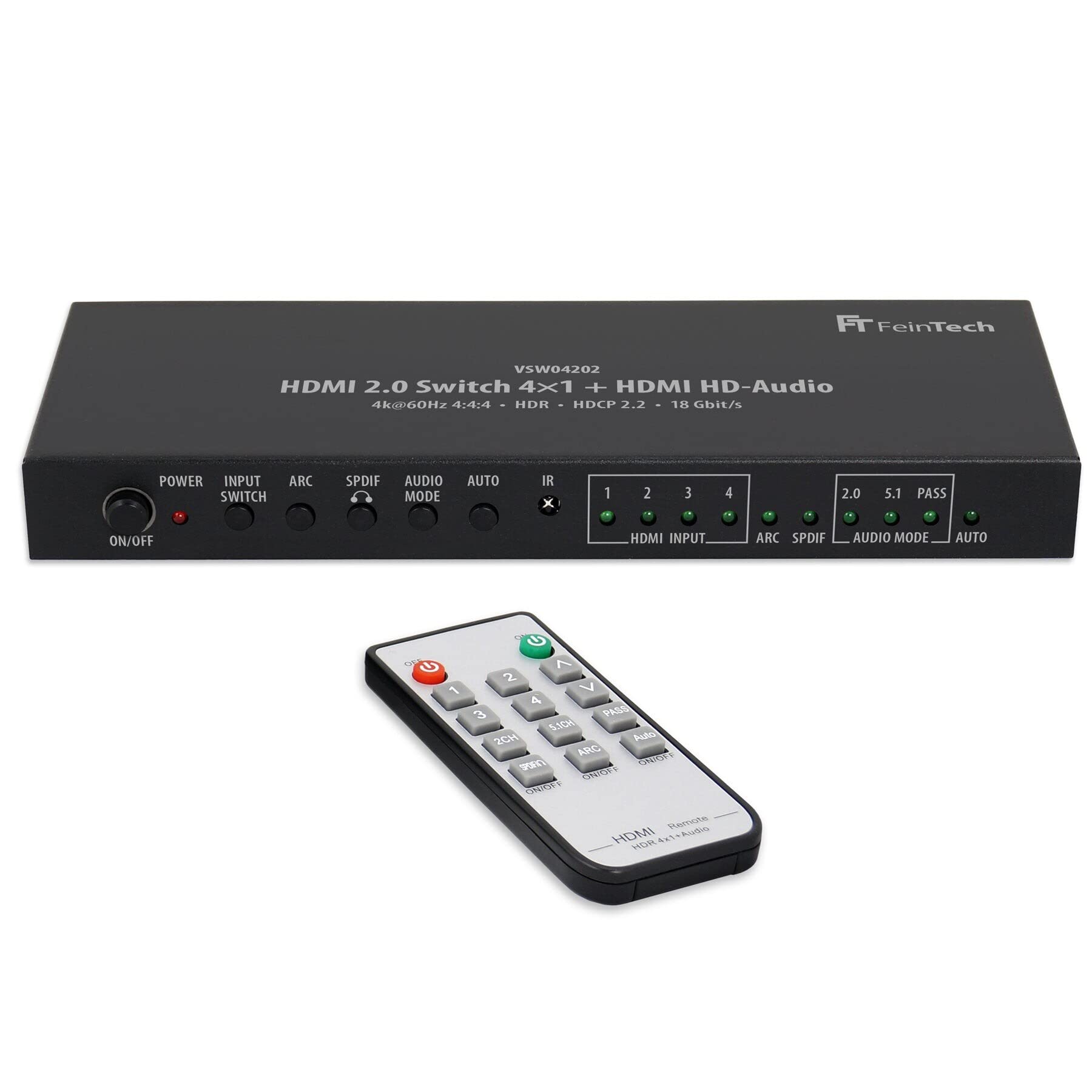FeinTech VSW04202 HDMI 2.0 Matrix Switch 4x1 HD-Audio Extractor 7.1 Dolby Atmos 4K 60Hz HDR CEC