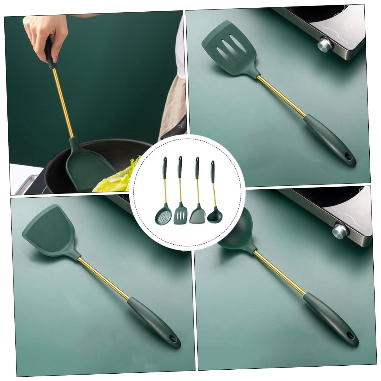 Edelstahl silikon Kochutensilien mit Langem Ergonomischem Griff Hitzebeständig bis rutschfest und Platzsparend Inklusive Schaufel Sieblöffel Suppenlöffel Praktisches Küchenhelfer