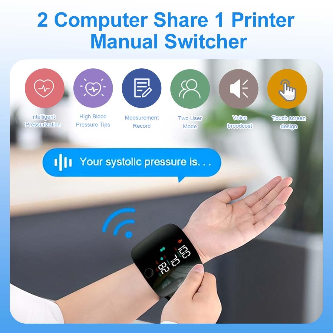 Esfingomanómetro digital portátil, esfigmomanómetro de muñeca con pantalla LCD, esfigmomanómetro automático de muñeca con memoria de lectura de 99x2, con salida de voz automática en inglés.