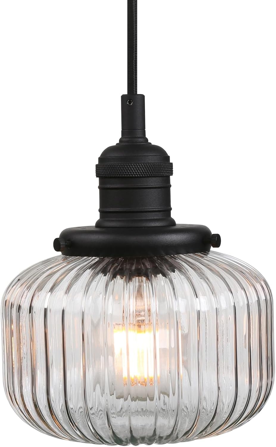 Yosoan Indoor Vintage Edison Hanging Pendant Light, 1-Light Hardwired Modern Vanity Light Industrial Semi Flush Mount Lamp Striped Ribbed Glass Shade for Kitchen Table Bar Island(Black)