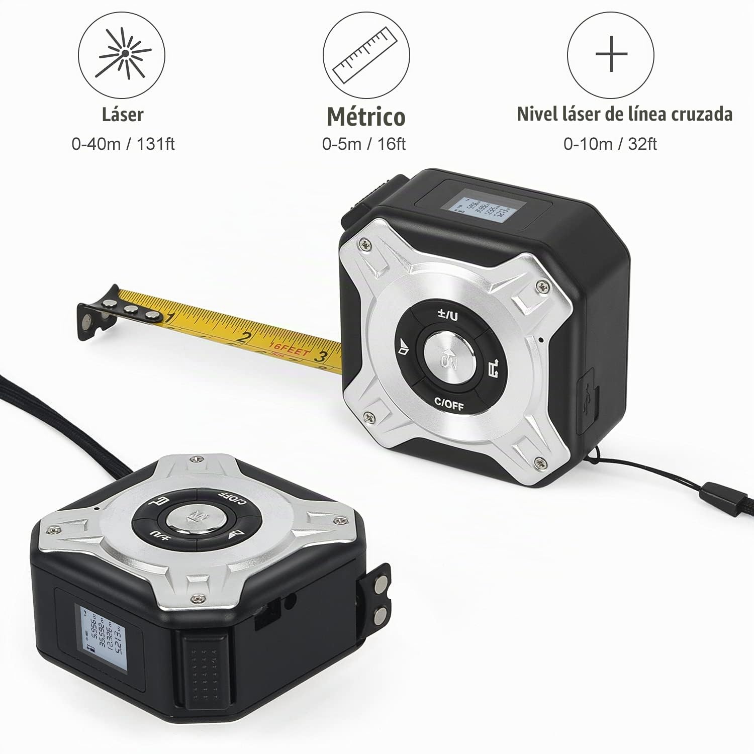 Rangavero láser de 2 en 1 Cinta，Cinta láser láser Recargable con láser de 40 m y Cinta de 5 m, USB Recargable con luz de Fondo LCD, Pantalla Digital para Longitud/Zona/Volumen/medición