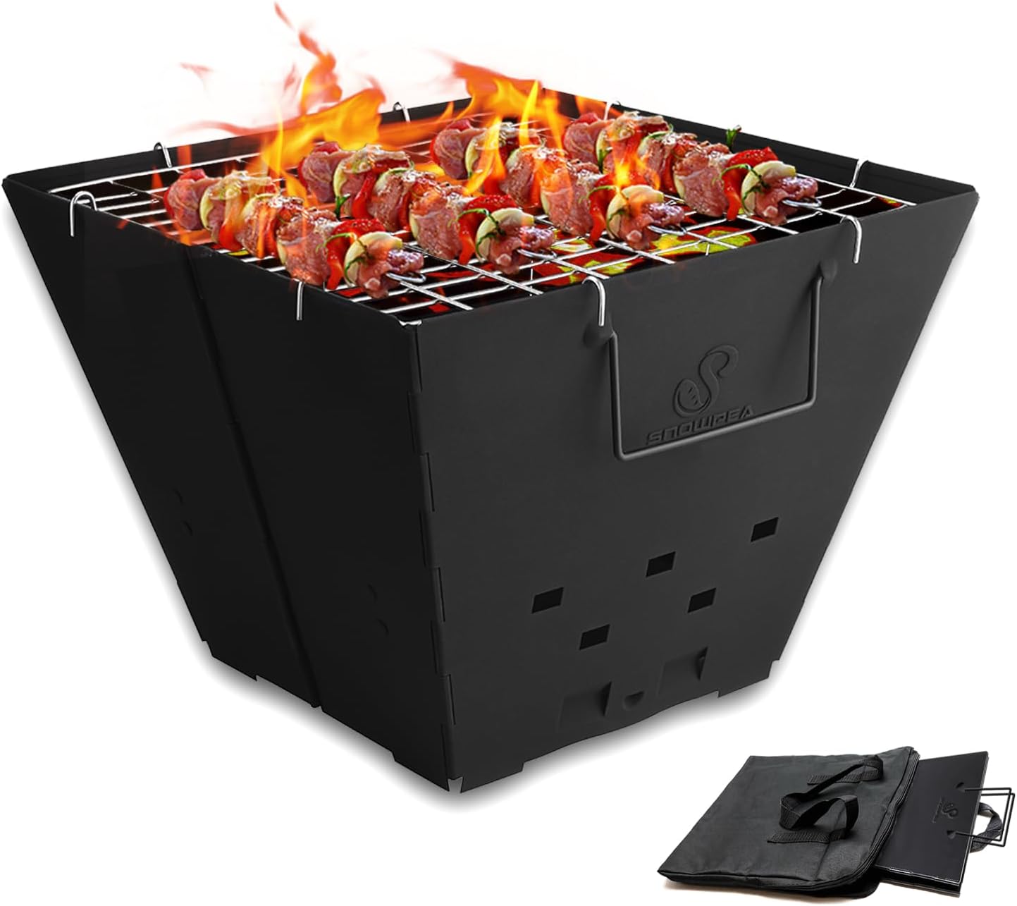 Portable Fire Pit for Camping, Collapsible Outdoor Pit, Folding with Carry Bag, Iron Bowl Picnics, Bonfire, Patio, Backyard and Garden - Top Grill, Black (FP-01)