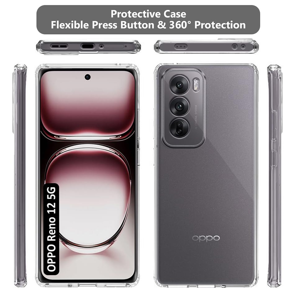 Image of Fashionury Crystal Clear Case for Oppo Reno 12 5G | Yellowing Resistance | Transparent TPU Silicone | Raised Camera Lips | Slim Transparent Cover