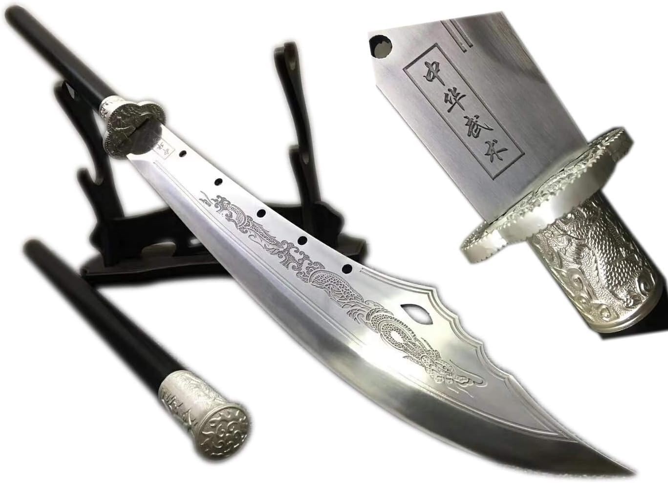 Chinese Guan Dao Sword, 62" Long High Carbon Steel Blade, Stainless Steel Rod, Removable Design, Martial Arts Training, Collectible Weapon with Brown Leather Sheath