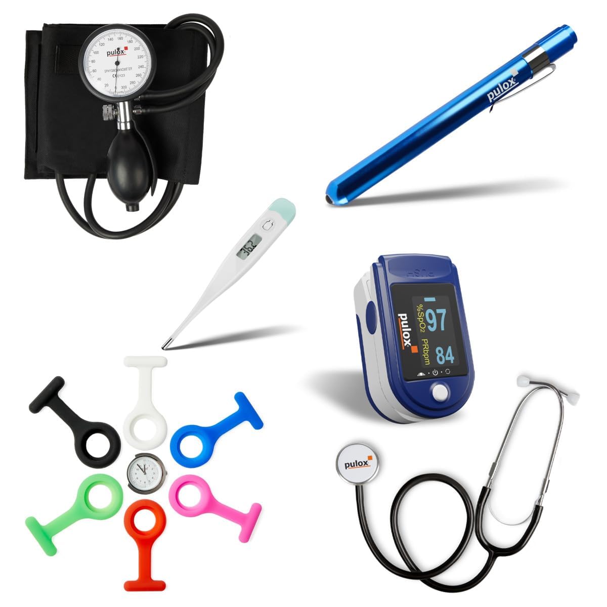 Pulox Nurse Bundle mit Pulsoximeter, Stethoskop & Blutdruckmessgerät | Komplettset inklusive Schwesternuhr, ideal für Pflege, Ausbildung, Praxis und medizinisches Fachpersonal