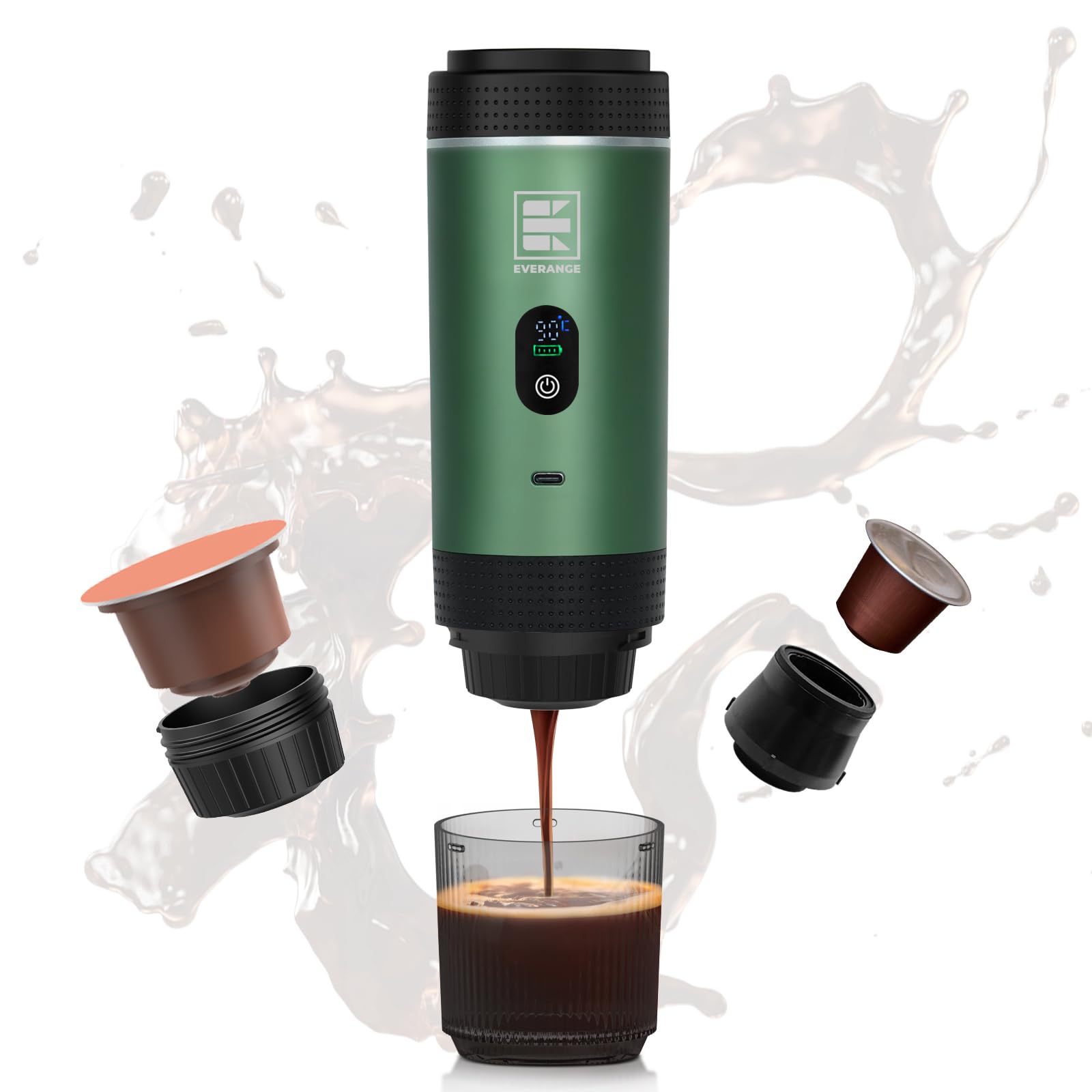 Macchina per caffè espresso elettrica portatile, macchina da caffè da viaggio compatibile con caffè macinato e capsule NS (verde con schermo LCD)