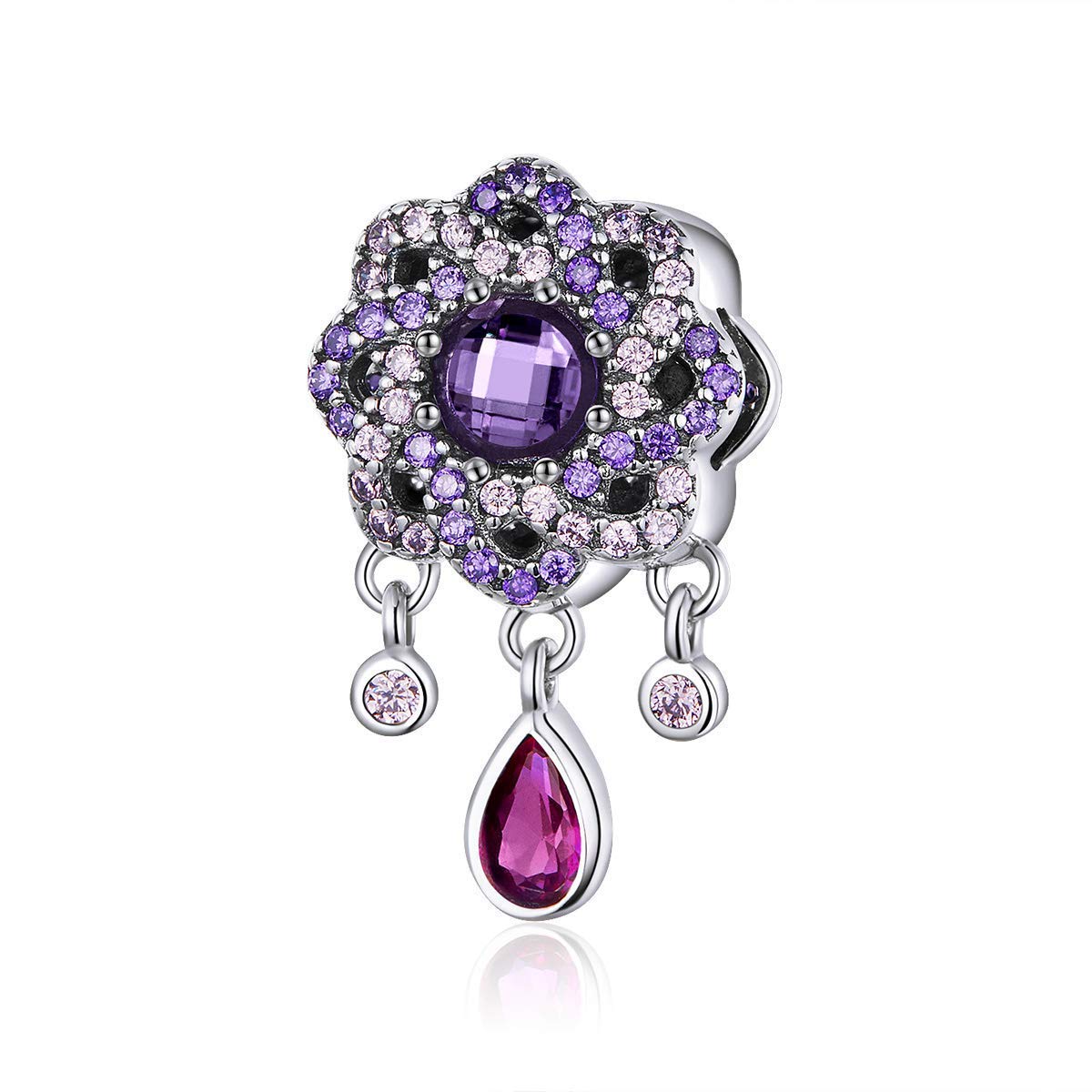 MEETCCY Purple Flower 925 Sterling Silver Charm for Pandora Charm Bracelet Orchid Charm Love Heart Beads Pendant Necklace Dangle for Snake Chain Bracelet Birthday Anniversary (Purple Crystal Charms)