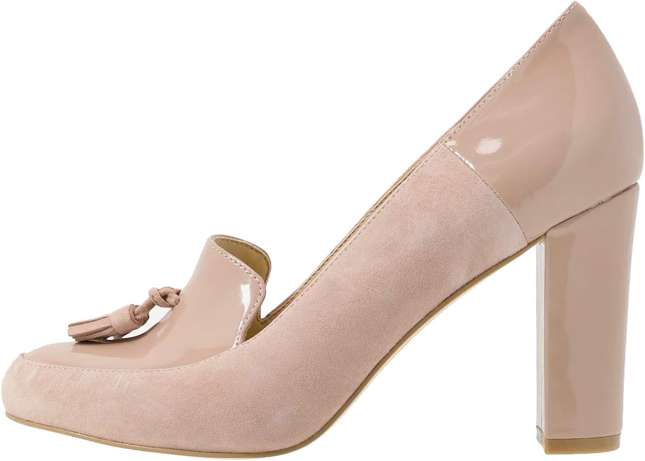 LEHOOR Women Chunky Block High Heel Fringed Pumps Round Toe, Slip On Dress Loafers with Tassel Suede Patent Leather Patchwork for Ladies Girls Office 4-15 M US - Image 5