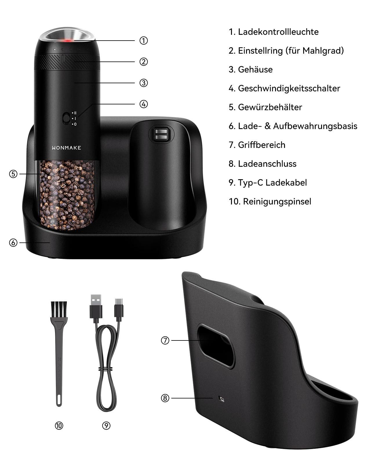 WONMAKE Elektrische Salz und Pfeffermühle Set, Gravity Pfeffermühle Elektrisch Mühle 176 Ml mit Ladestation/Zwei Geschwindigkeitsstufen/6 Einstellbare Mahlgrade/Led Licht, für Die Küche