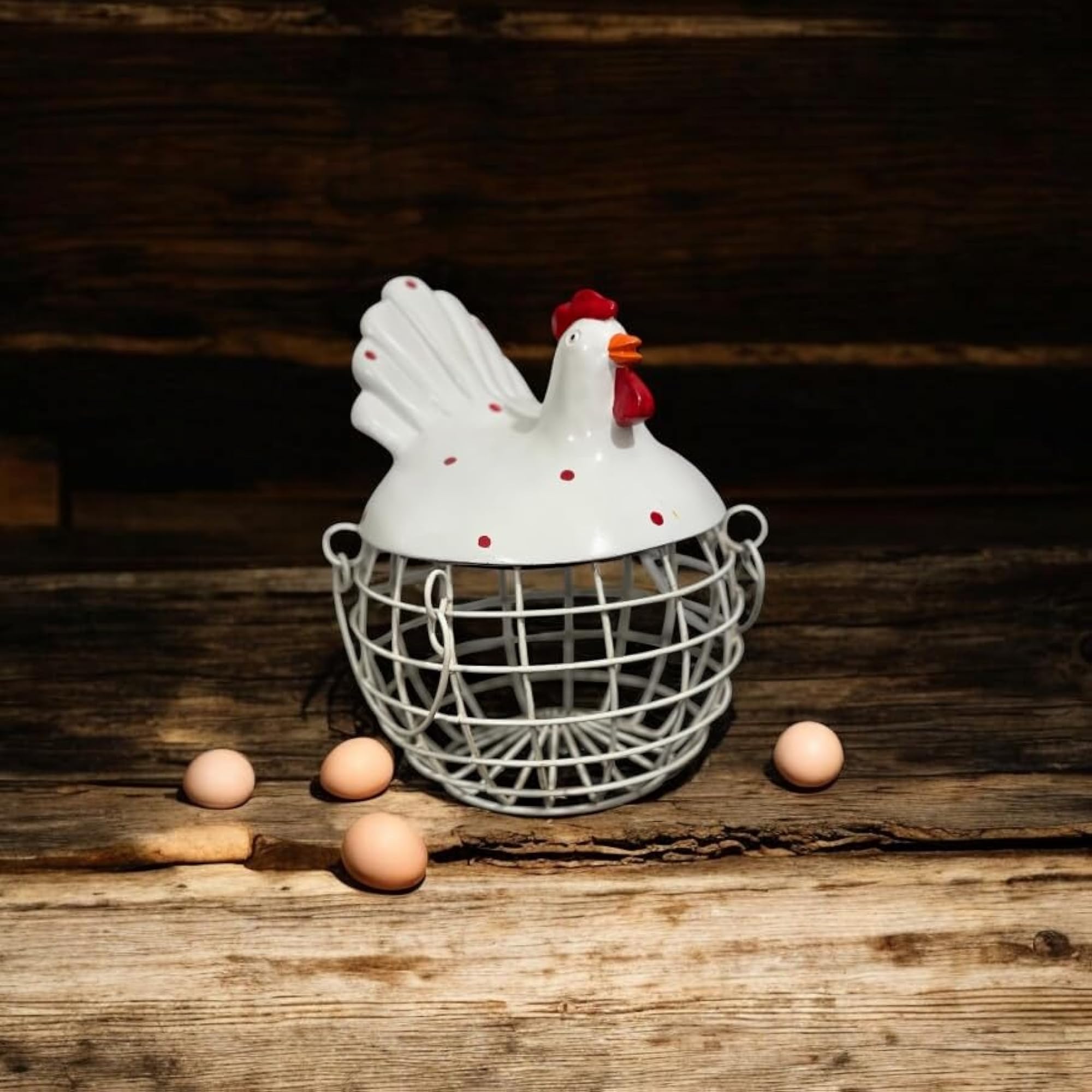Decorative Rooster Storage Basket, White Metal Wire with Hand-Painted Top
