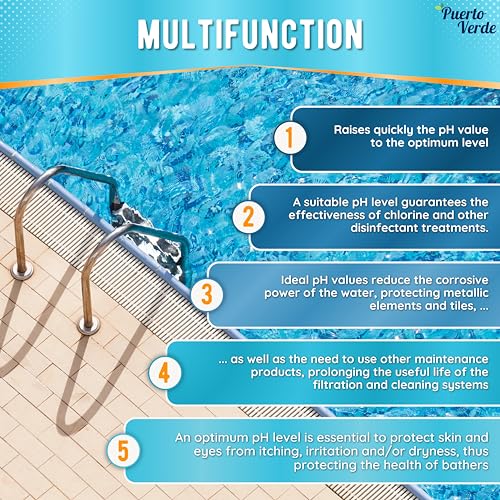 Puerto Verde • pH Heber für Pools 10 Kg. pH+ Korrektur für Whirlpools und Spas. pH Plus Regulator in Granulatform. Hermetischer Eimer. Inklusive Dosierbecher. Europäische Produktion.