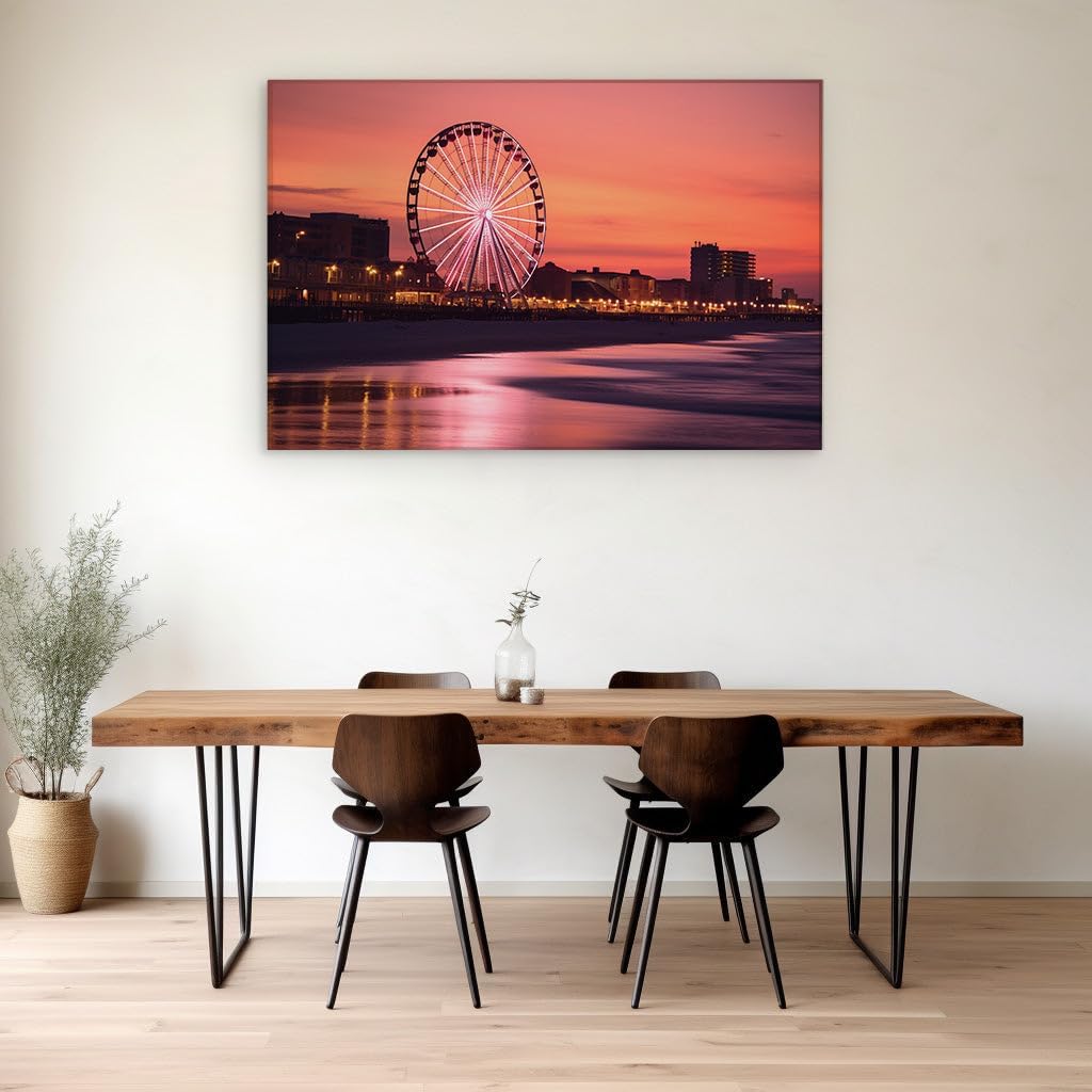 Canvas for Living room. Dusk's Splendor by the Sea: A Ferris Wheel's Glow Meets Serene Shores, 27 x 18 inch Canvas Wall Art - Contemporary Masterpieces - Modern Home Decor