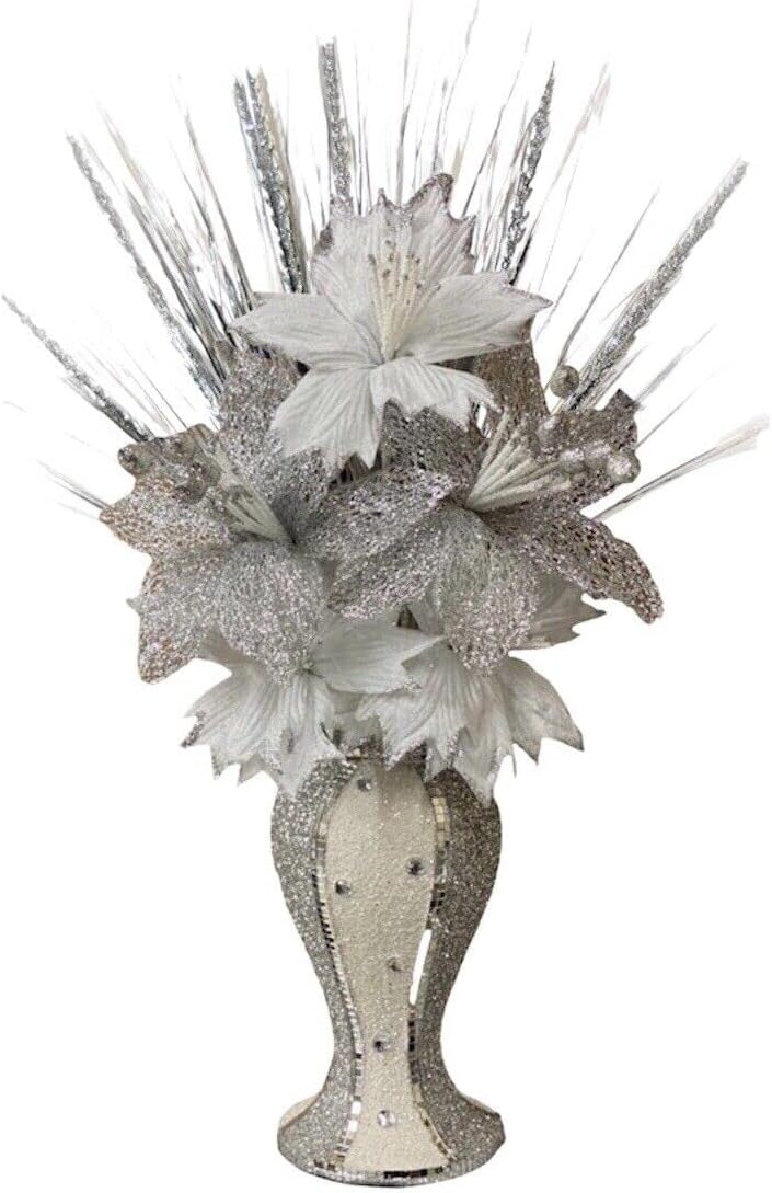 SILVER PETALS Romany White Silver Vase With Flowers Crushed Mosaic Bling Glitter Vase Bling