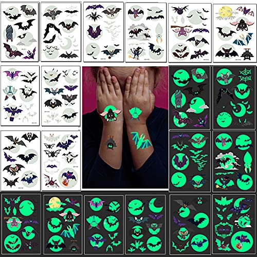 Peanuty 10 Sheet Luminous Bat Tattoo Sticker Waterproof Decal Temporary Tattoo Stickers For Kids Adults Halloween Cute Bat Trick or Treat Cosplay Party Body Art Decoration Supplies