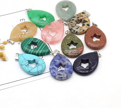 Miniatura 5 de LE SKY 7 colgantes de piedra natural en forma de gota de agua de cuarzo cristal ágata piedra hueca patrón de pentagrama para hacer joyas, collares,