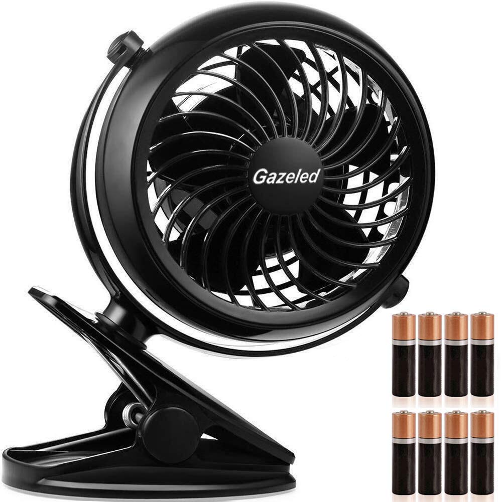 GazeledClip on Fan Battery Operated, 360° Rotation, with 8 Free AA Batteries, Quiet USB or Battery Operated Fan, 5'' Portable Battery Powered Clip on Fan for Camping, Stroller, Bedroom, Outdoor