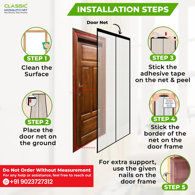 Image of Classic Mosquito Net for Doors with Magnet - Heavy-Duty Fiberglass Mesh | Strong Auto-Close Magnets | Full Frame Hook-&-Loop | DIY Installation for Wooden /UPVC /Marble Doors (185x70 cm, Black)