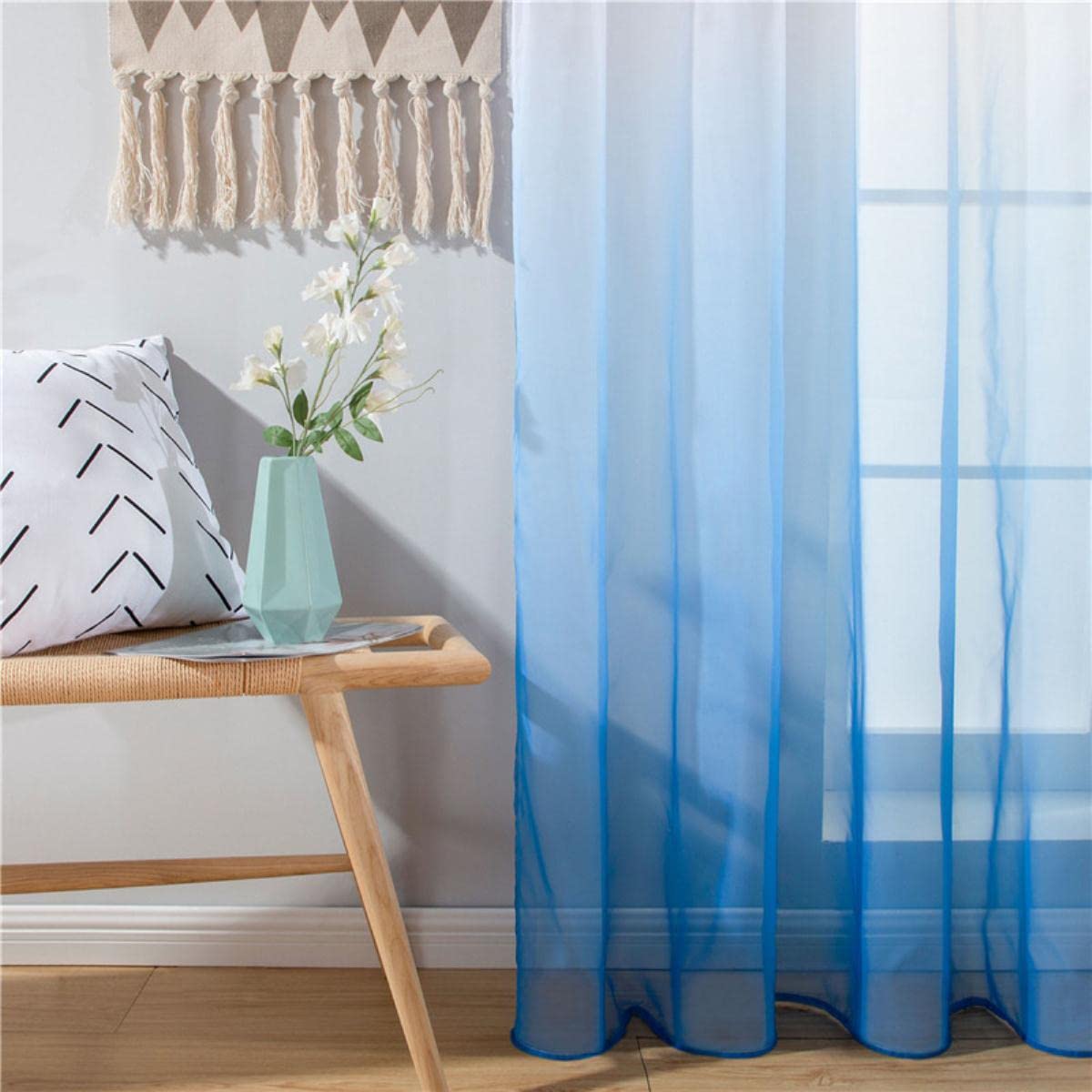 Rideau Dégradé Bleu Tulle pour Salon Rideaux Voilages pour Chambre Cuisine Fil Tulle Panneaux Gris Rouge Violet Mariage Plafond-Bleu Clair,W400cm x H250cm,Pull Plissé Tape