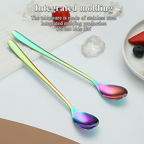 Miniatura 4 de Evanda Rainbow - Juego de 12 cucharas de té helado de mango largo, cucharaditas de acero inoxidable arcoíris chapado en titanio, cuchara de barra
