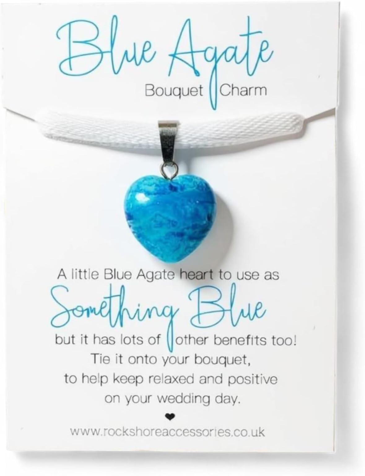 Blue Agate Heart Bouquet Charm โ Something Blue Wedding Keepsake โ Natural Gemstone Bridal Accessory for Relaxation & Positivity โ Handmade White Ribbon Decoration โ Unique Wedding Day Gift