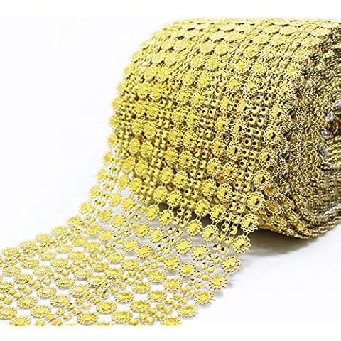 Meihuasheng 4"x 2 Yard Sparkling Flower Shape Diamond Mesh Rhinestone Ribbon for Weeding Decoration DIY Accessory Craft (4"x 10Yard, Gold) Cover