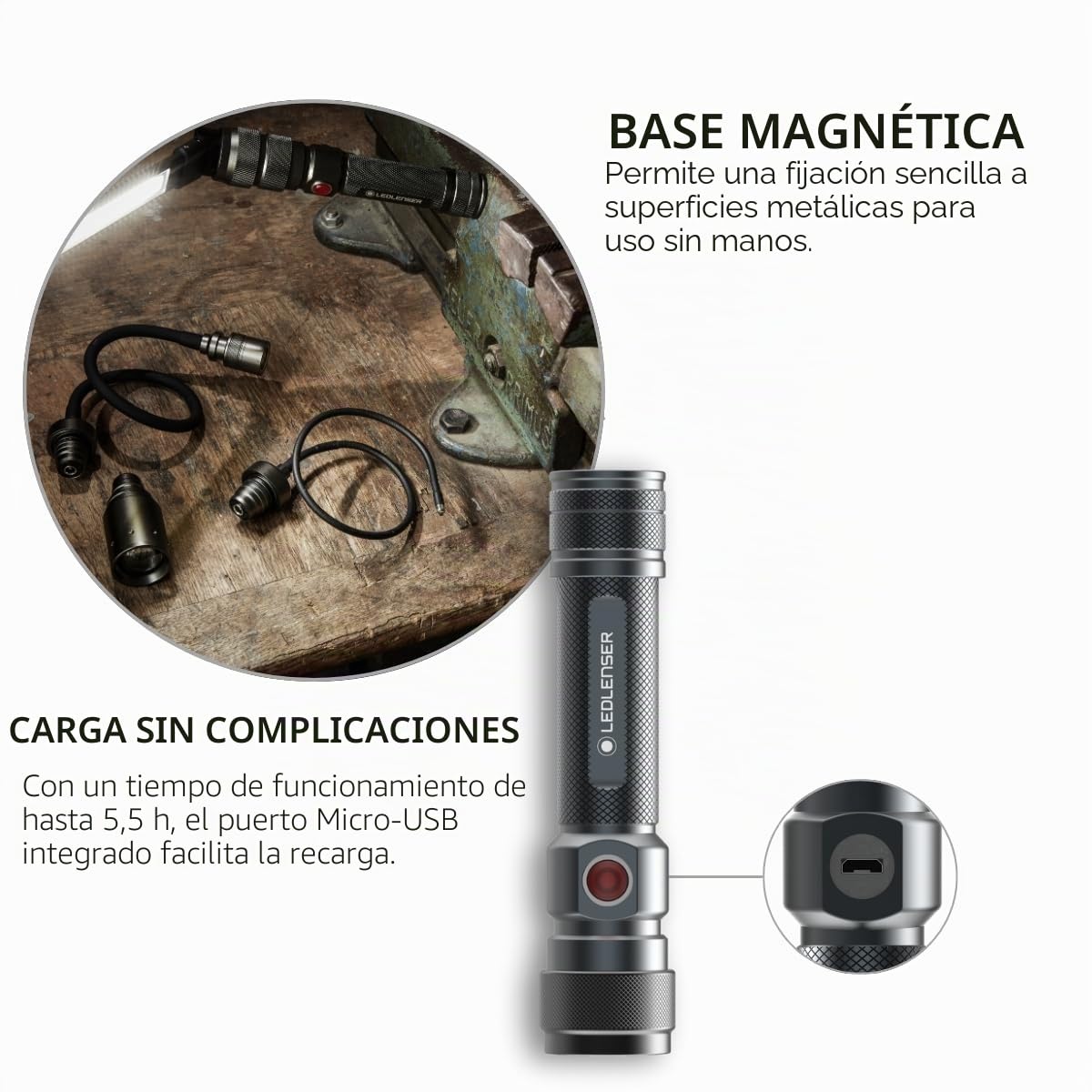 Ledlenser Workers Friend Rechargeable 4-1 Quick Connect Portable Work Light | 280lm, 4 accesorios, lámpara de inspección ajustable, hasta 5,5h de autonomía, magnética y flexible, uso profesional