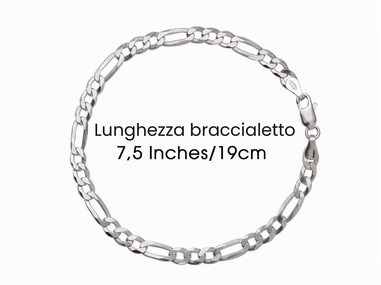 Aka Gioielli - Bracciale a Catena Figaro Argento Sterling 925 Rodiato 4,4/5,3 mm per Uomo e Donna - Lunghezze: 19 20 cm - Made in Italy