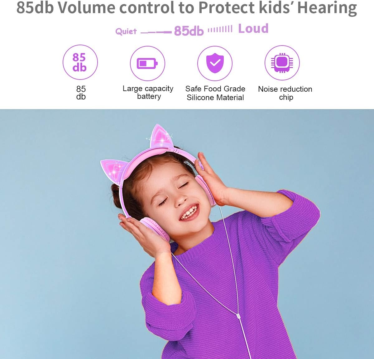 Cat Ear Headphones, Hearing Protection Barsone Wired Foldable On Ear Headsets with LED Glowing Light 3.5mm Audio Jack Headset for Children (Purple&Pink) : Electronics