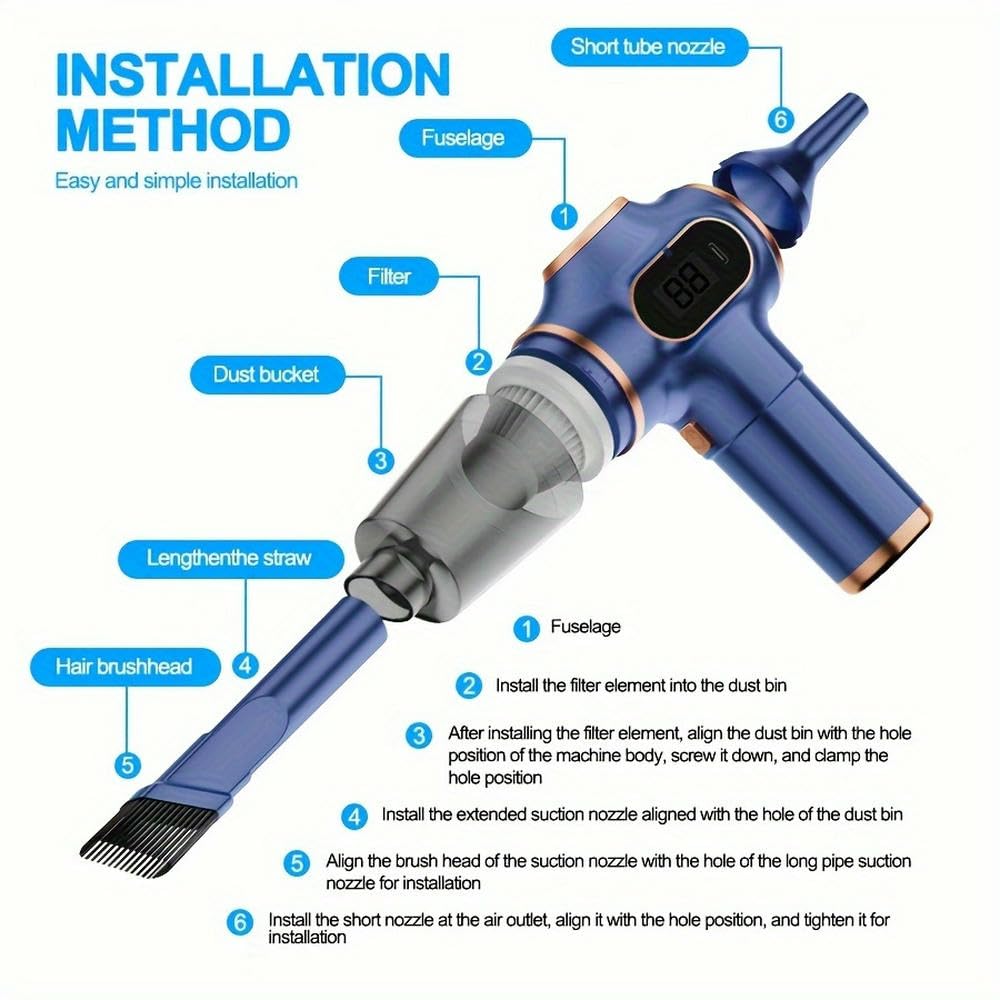 Aspiradora de Mano inalámbrica SYJYM, con aspas de Ventilador de Aluminio, versátil, para Uso doméstico o en Coche, con Carga USB, Mini aspiradora con Pantalla Digital