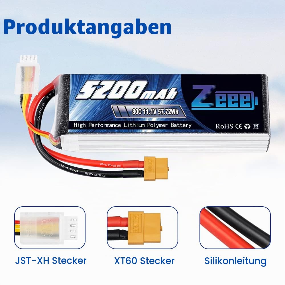Zeee 3S LiPo Akku 5200mAh 11,1V 80C mit XT60 Steck(2 Packungen) | RC Batterie für RC Auto, RC Flugzeug, RC Hubschrauber, RC Hobby