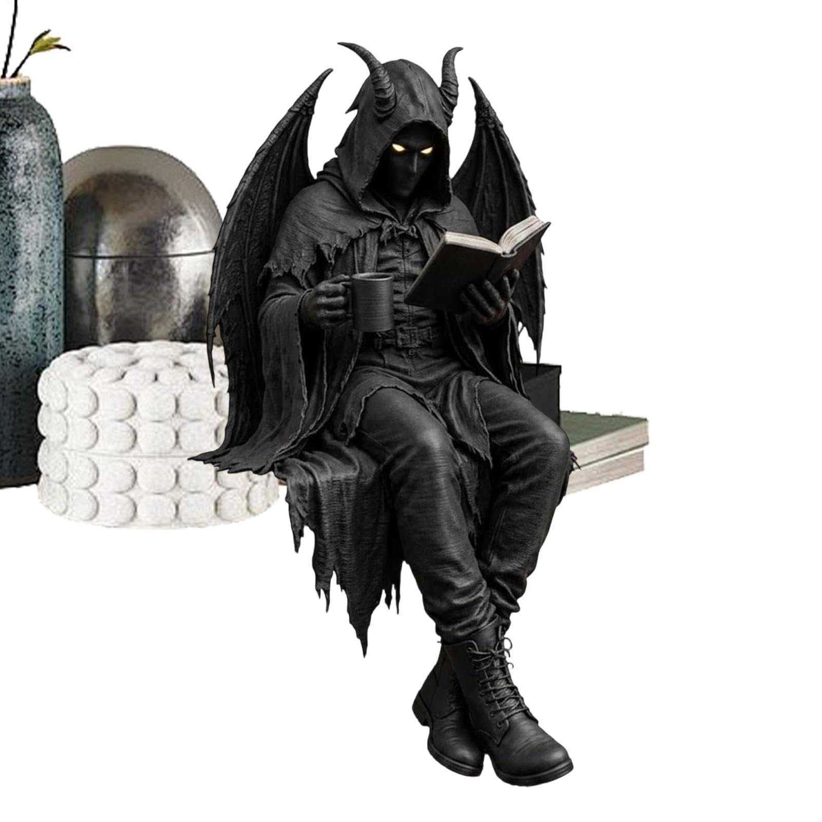2026 Gothic Dark Fantasy Figure, 4.7/6.3inch Seated Reaper Reading Book Sculpture, Gothic Shelf Decor - Horror Figures for Pc and Bookshelve Halloween
