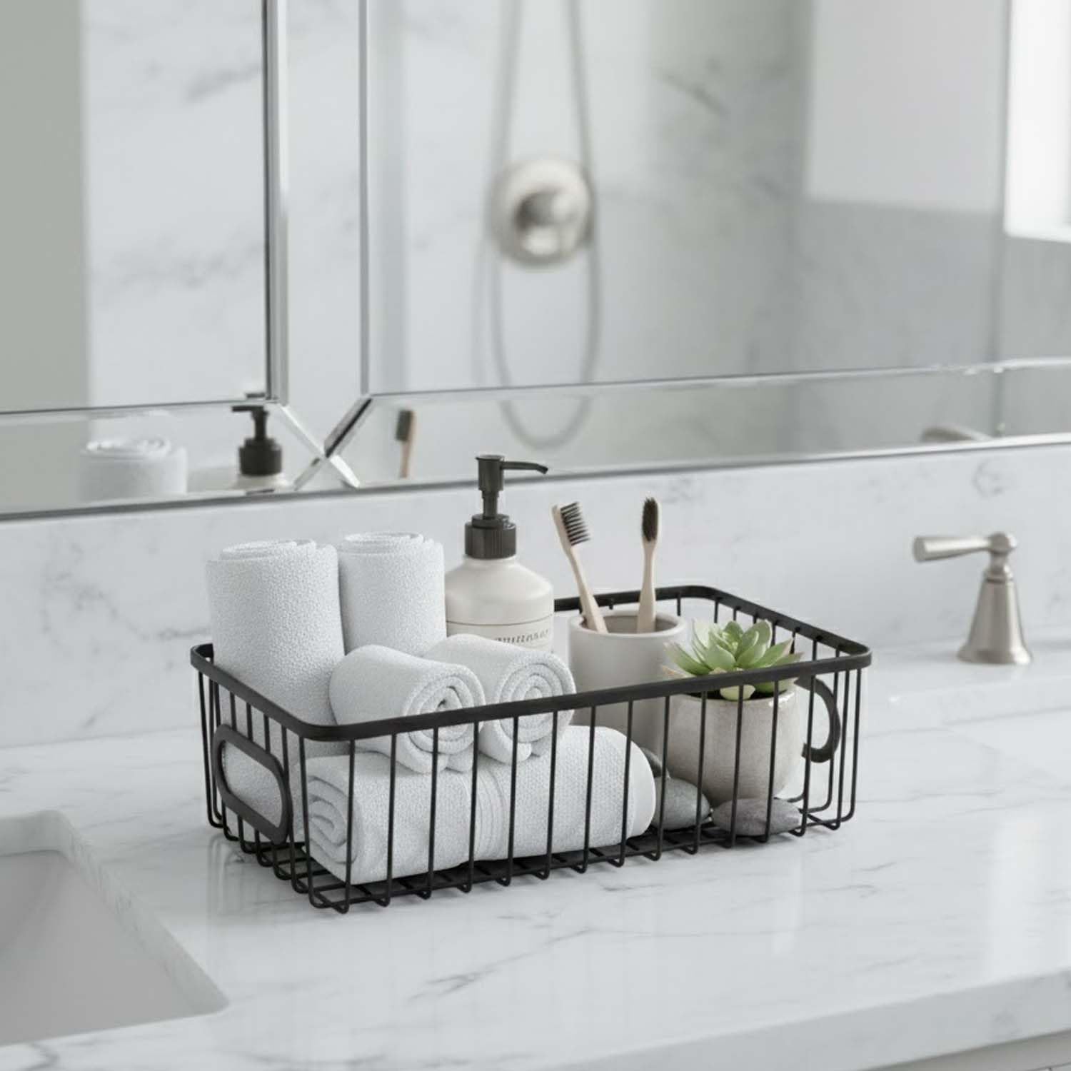 Go Hooked Multipurpose 10" Metal Bathroom Storage Organizer Basket Bin - Modern Wire Grid Design - for Organization in Cabinets, on Countertops, Bedroom, Kitchen, Bathroom, Garage (Pack of 1, Black)-image-29