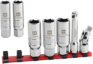 LLNDEI 3/8-Inch Drive Spark Plug Socket Set 7PCS, SAE & Metric, 5/8-inch, 3/4-inch, 13/16-inch, 14mm, 18mm, CR-V Steel Mirror Finish Sockets with Rubber Retaining Rings, Universal Joint, Extension Bar