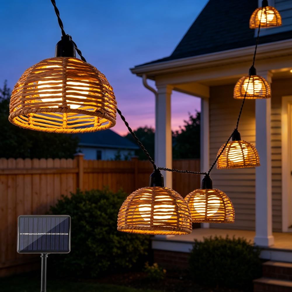 Photo 1 of OXESLU Solar Rattan String Lights - 10 Lights, 3.6m