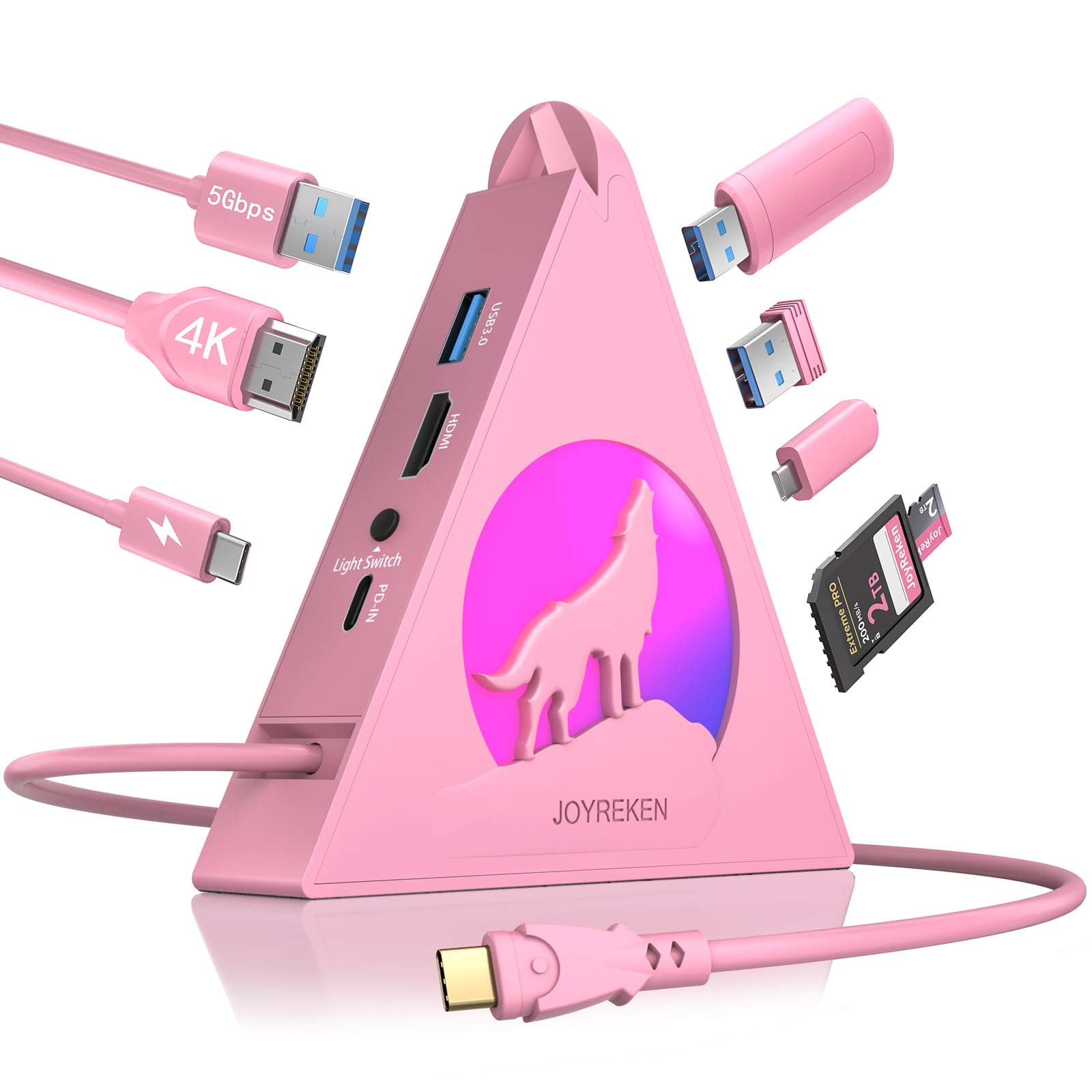 Concentrador USB 8 en 1 con carga PD 100W y luces RGB dinámicas 8