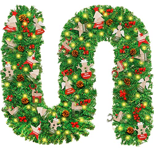 MAISITOO 270cm Guirlande Sapin Noel Artificiel, Guirlande Vert Sapin Arbre avec Pommes de Pin, Fruits Rouges,Décoration Idéale Noël,Cheminées Escaliers Décorés Guirlandes LED Lumières Ornement Cover