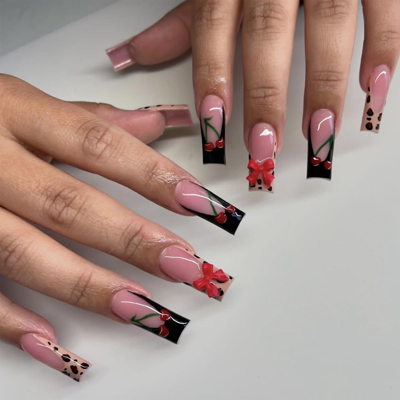 IMRAIN Long Press on Nails Square Fake Nails Black French False Tip with Bow & Cherry Design Leopard Print Glossy Artificial Acrylic Nails for Women