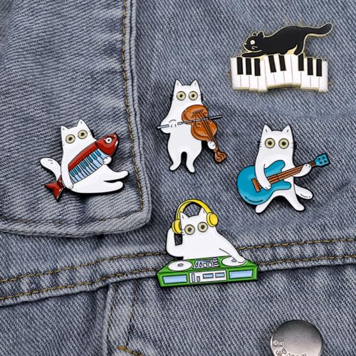 Image of Cute Music Cat Enamel Pins for Backpacks,Cool Cat Band Lapel Pins Set Anime Brooch for Jackets Hats Decoration