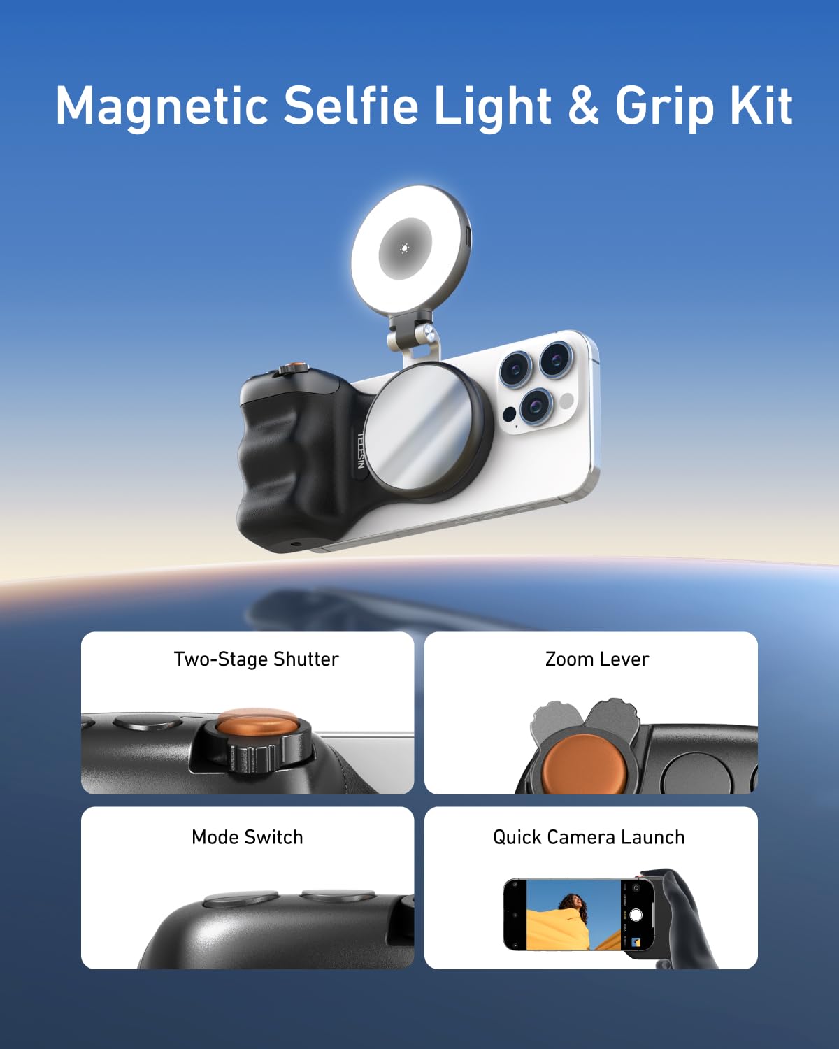 TELESIN Fun Shot Handle Grip Movil (Negro) + TELESIN C03 Magnético Selfie Luz (Negro) Kit, Compatible con iPhone/Android, Creator Kit para Selfies/Fotografie/TikTok/Zoom-Anrufe/Video