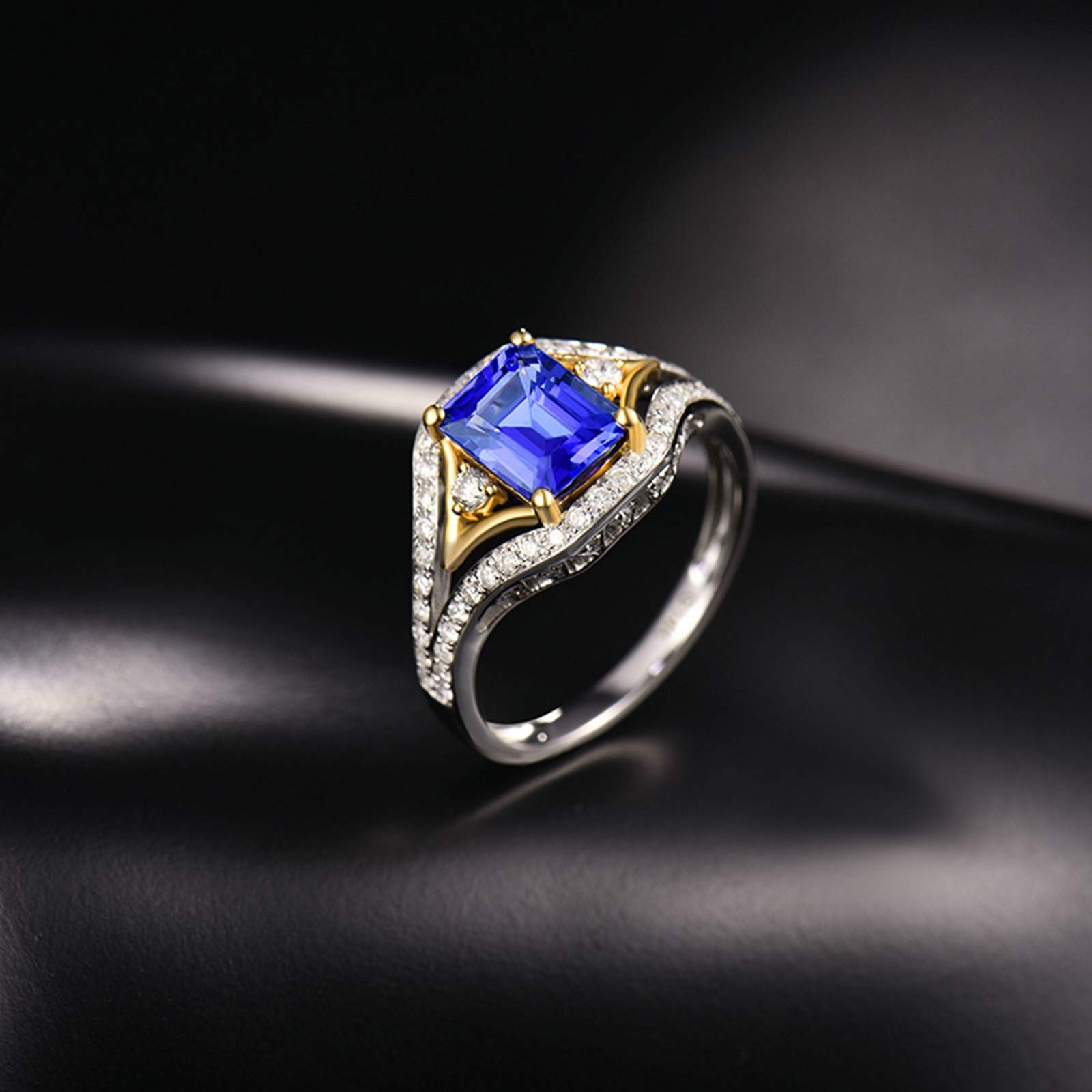 Pierścionek zaręczynowy damski z białego złota 14 K (585), 1,465 ct, tanzanit, spersonalizowany, z diamentowym pierścionkiem, dla przyjaciółki, rozmiar 45 (14,3)-70 (22,3)
