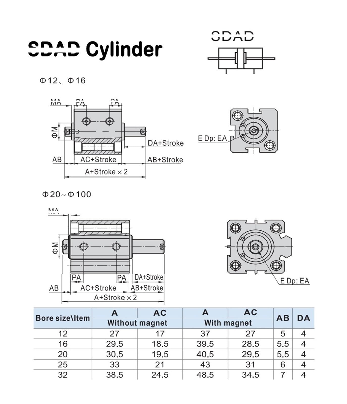 Kleiner pneumatischer Doppelausgangs-Doppelkopf-Dünnzylinder SDAD20-63mmX10/15/20/25/30/35/40/50(Stroke 50mm,Bore 32mm)