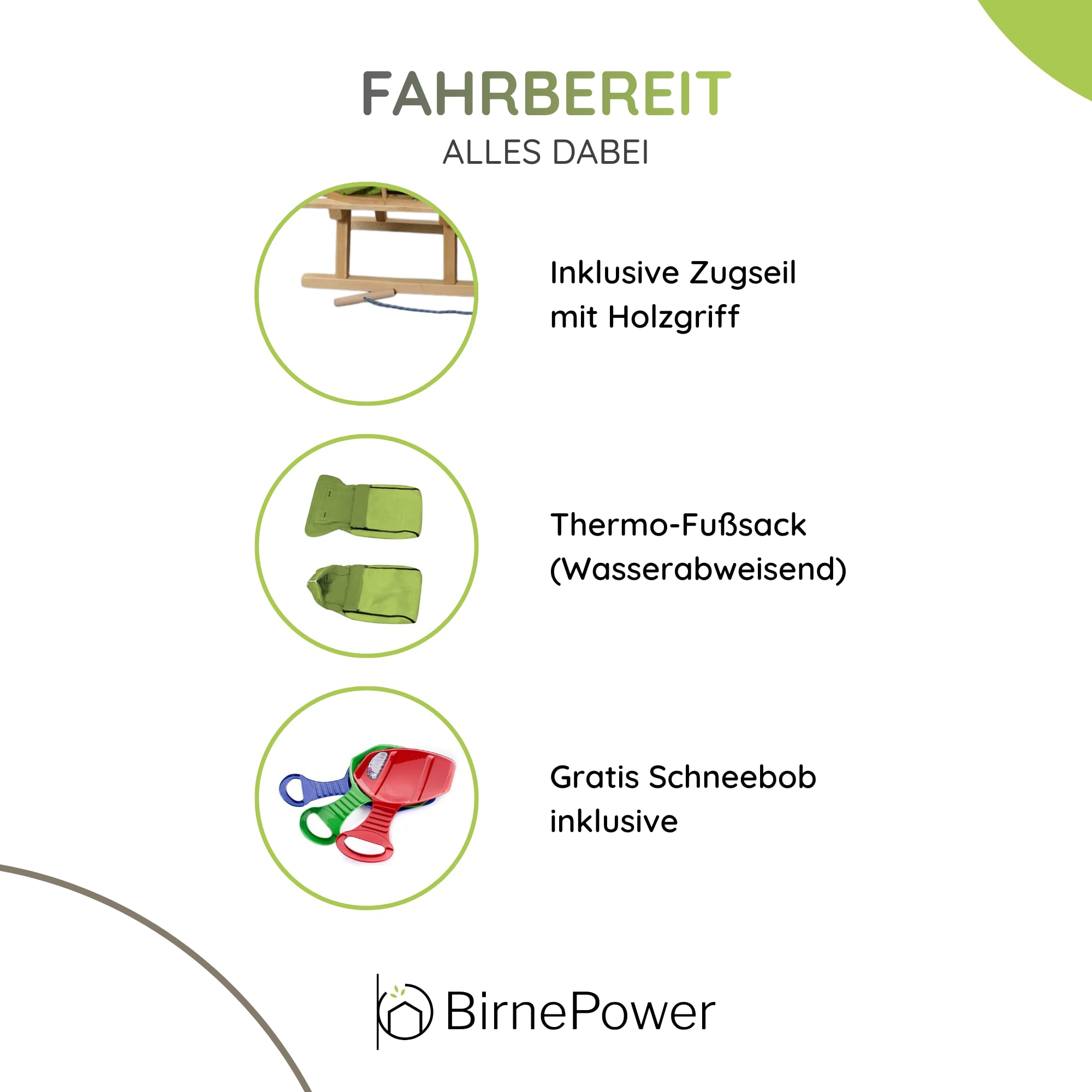 BirnePower Holzschlitten 90cm mit Rückenlehne und Winterfußsack 90cm oder 108cm Komplettset inkl. Zugseil & Gurt, Rodelschlitten aus Buchenholz