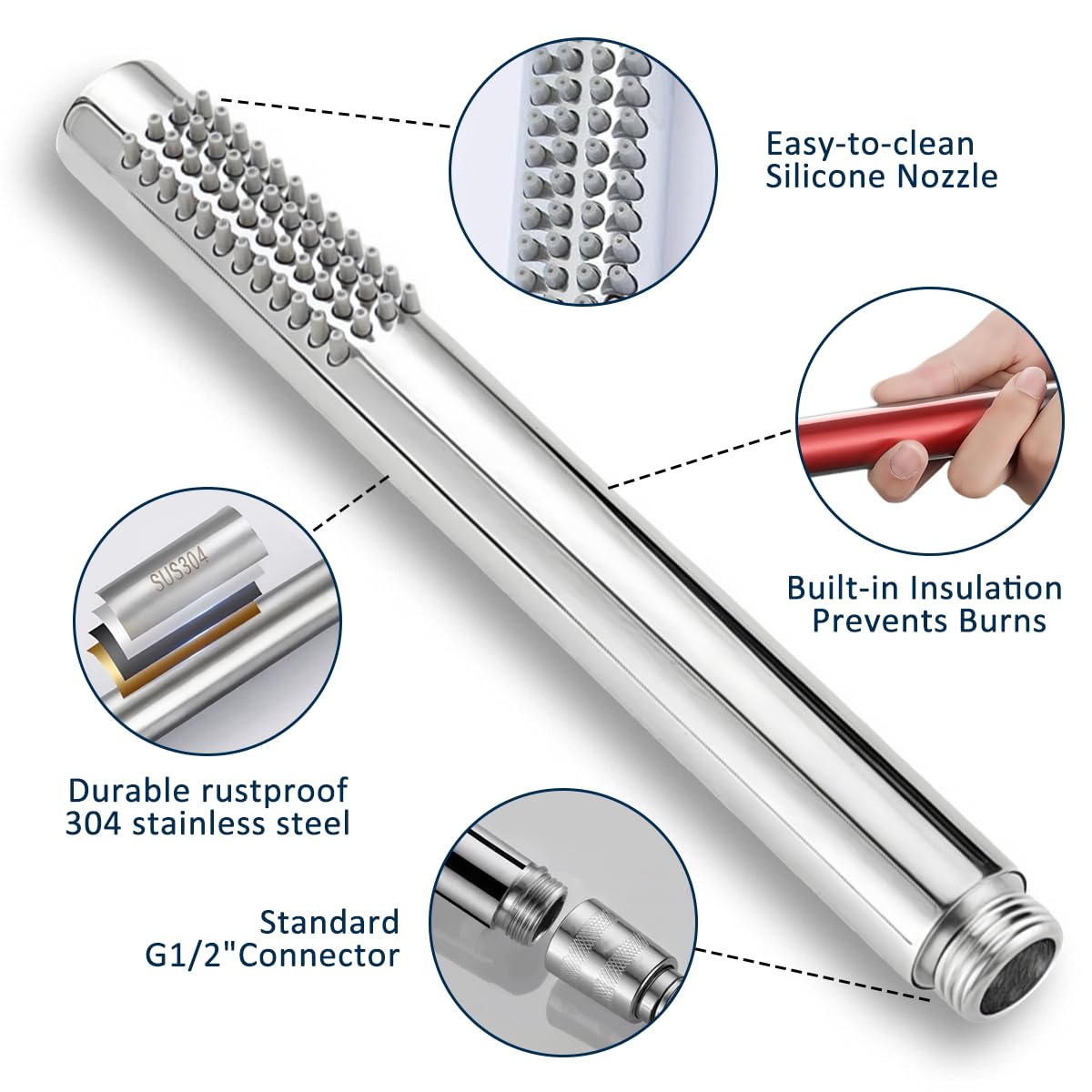 Drenky Shower Head Stainless Steel 304 High Pressure Shower Head Round Pencil Showerhead with 48 Easy-Cleaning Rubber Nozzles Pencil Water Saving - Image 3