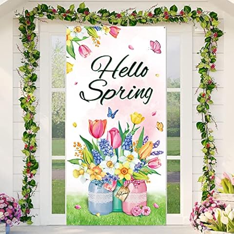 Hello Spring Door Cover Spring Floral Jar Door Backdrop Decor Colorful Flower Butterfly Hanging Seasonal Door Banner for Spring Easter Party Decor Supplies Cover