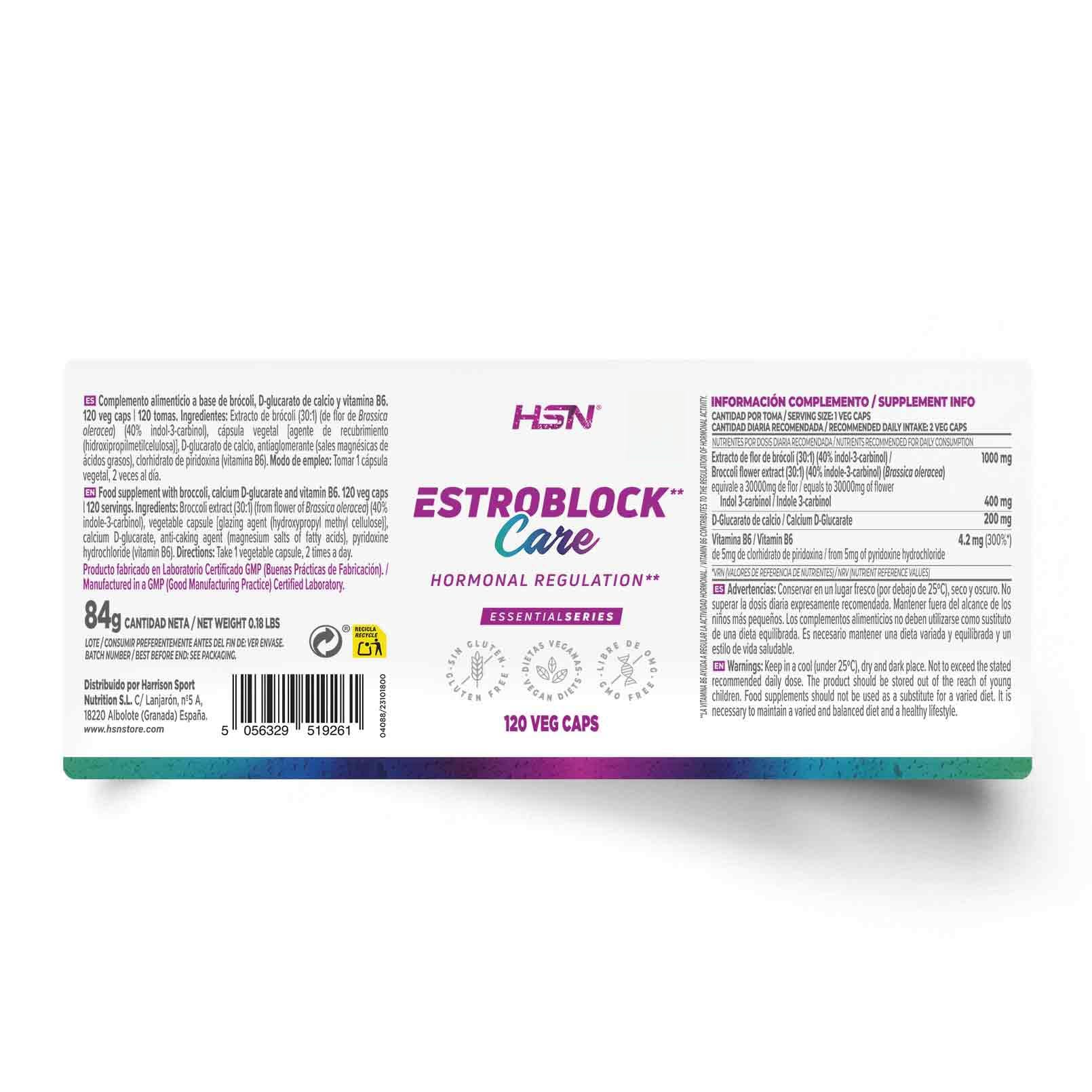 HSN Estroblock Care Control Estrógenos* | 120 Capsulas Vegetales | Indol-3-Carbinol (I3C) + D-Glucarato de Calcio + B6 | *La vitamina B6 ayuda a regular la actividad hormonal | Vegano Sin Gluten