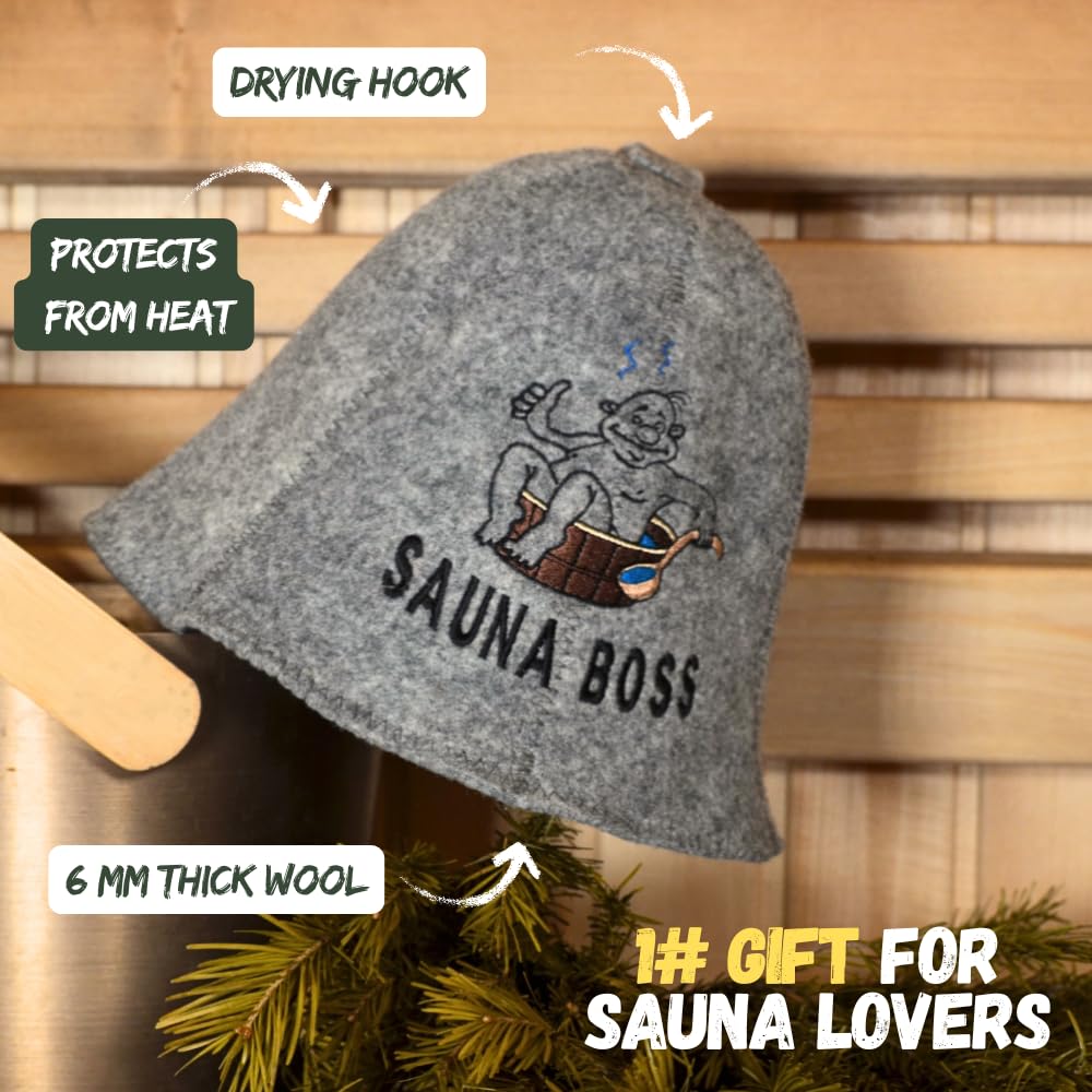 Sauna Boss - Gorro de sauna gris, 100 % lana orgánica para la bania rusa, protege tu cabeza del calor, guía electrónica de sauna inglesa incluida, con bordado